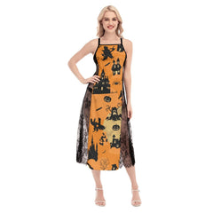 Halloween Castle Seamless All-Over Print Women Lace Cami Cross Back Dress, Gorgeous Nightgown - Wonder Skull