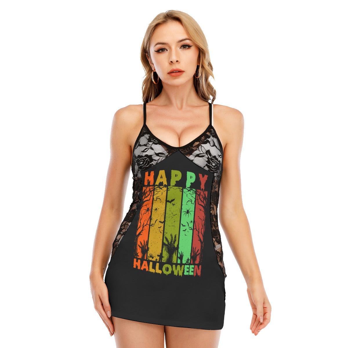 Happy Halloween All-Over Print Women Black Lace Cami Dress, Hot Nightwear For Women - Wonder Skull