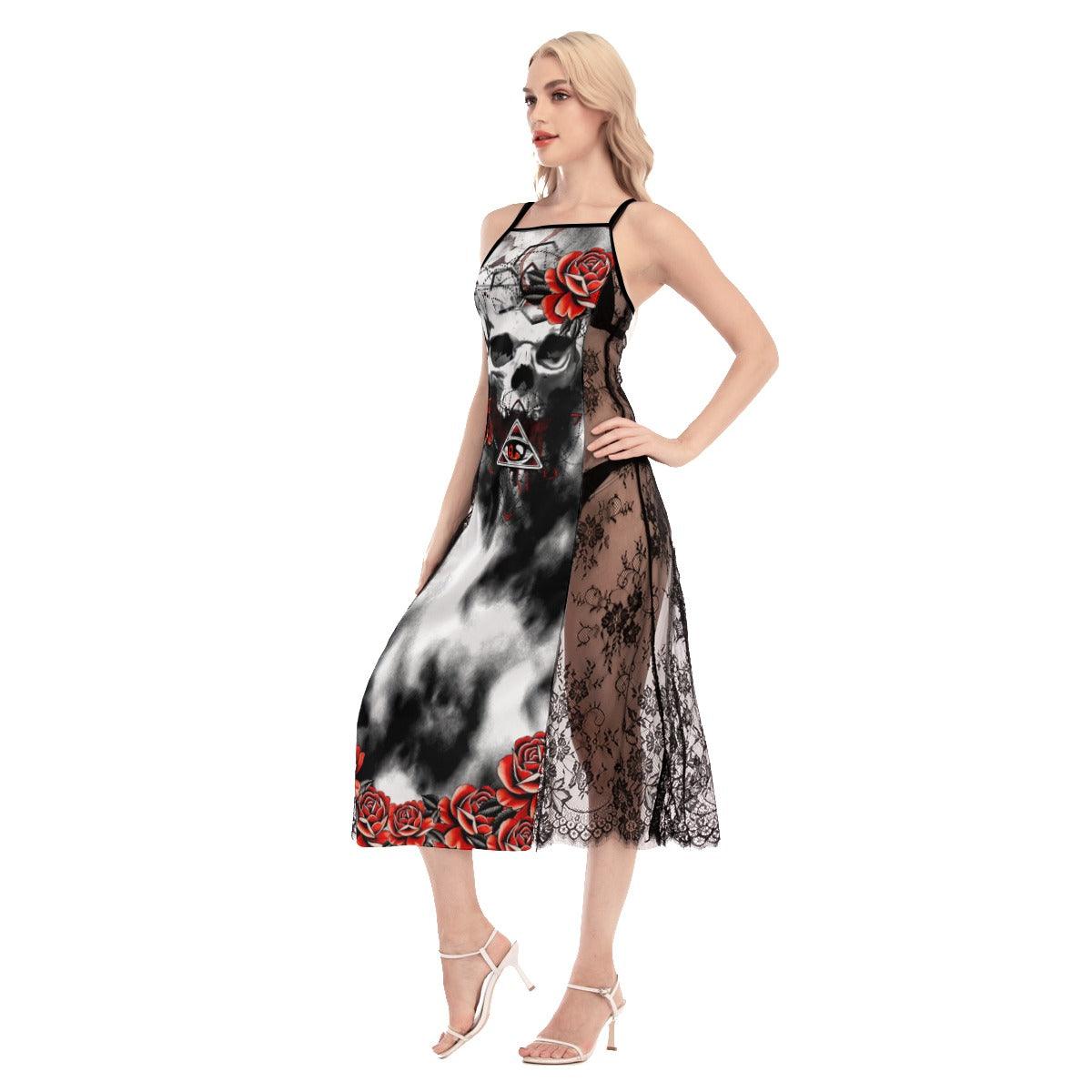 Hot Gothic Skull Rose Lace Cami Cross Back Women Dress - Wonder Skull