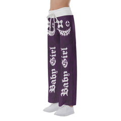 Dark Purple Bae Girl Skull High-waisted Wide Leg Pants - Wonder Skull