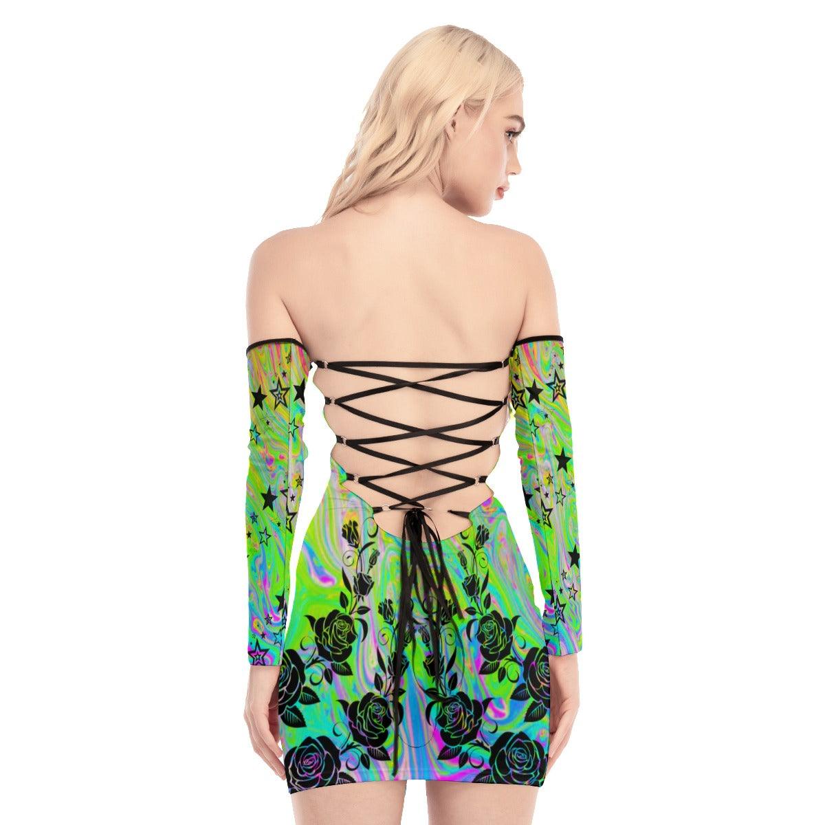 Skull Rose Hologram Off-shoulder Back Lace-up Dress - Wonder Skull