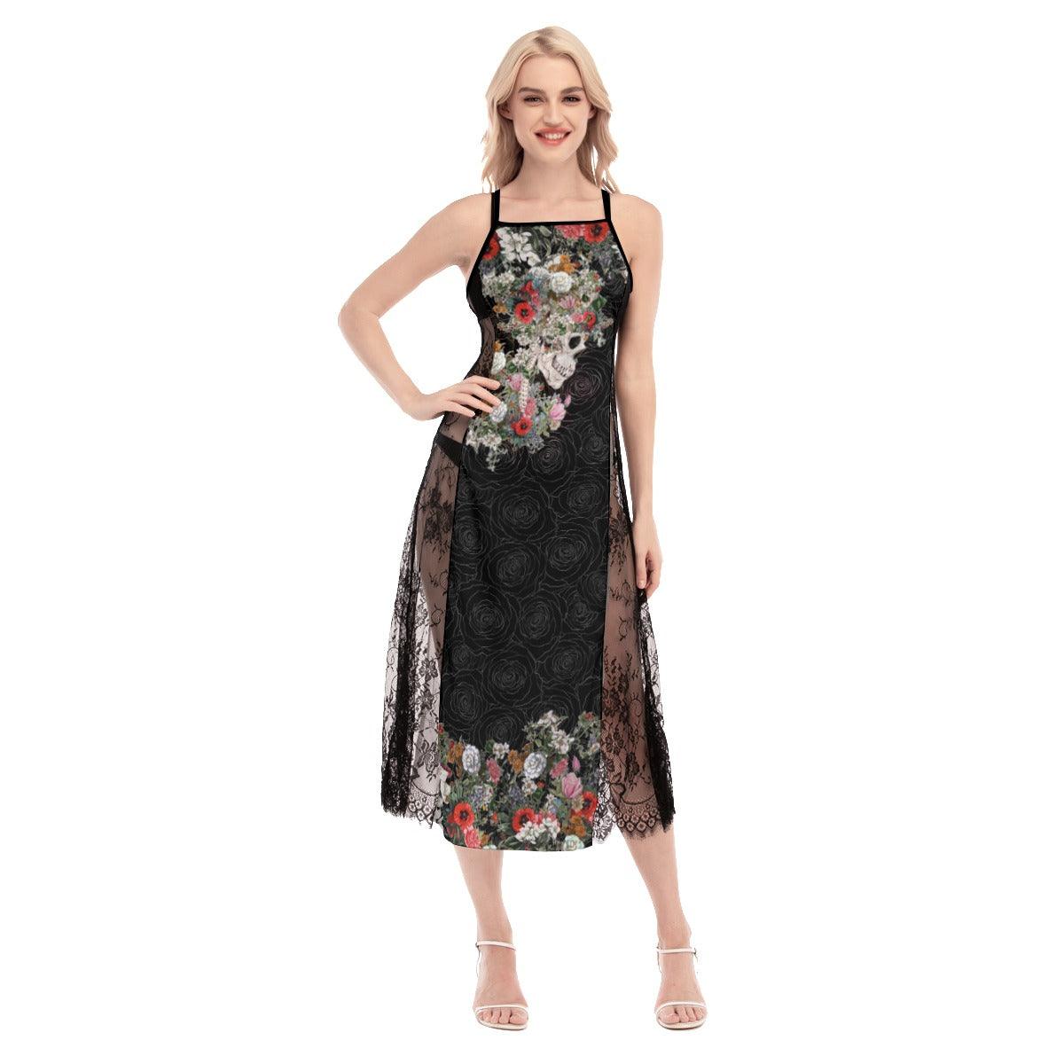Hot Skull Flower Gothic Lace Cami Cross Back Women Dress - Wonder Skull