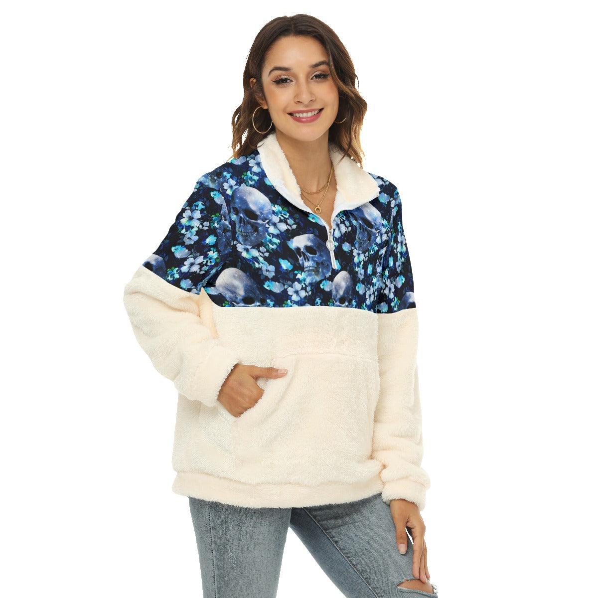 Crystal Skull Daisy Fleece Sweatshirt With Half Zip - Wonder Skull