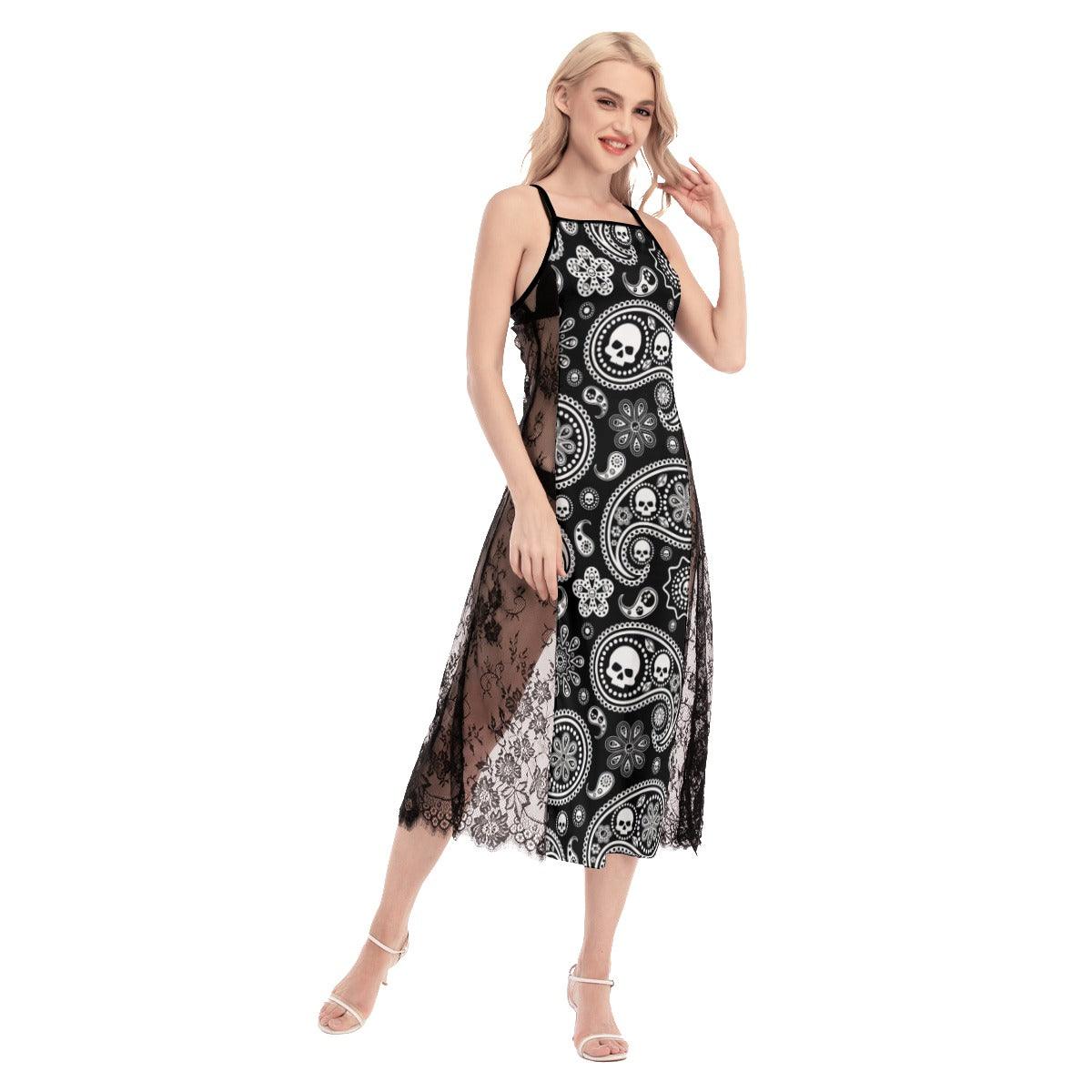 Hot Gothic Skull Pattern Lace Cami Cross Back Women Dress - Wonder Skull