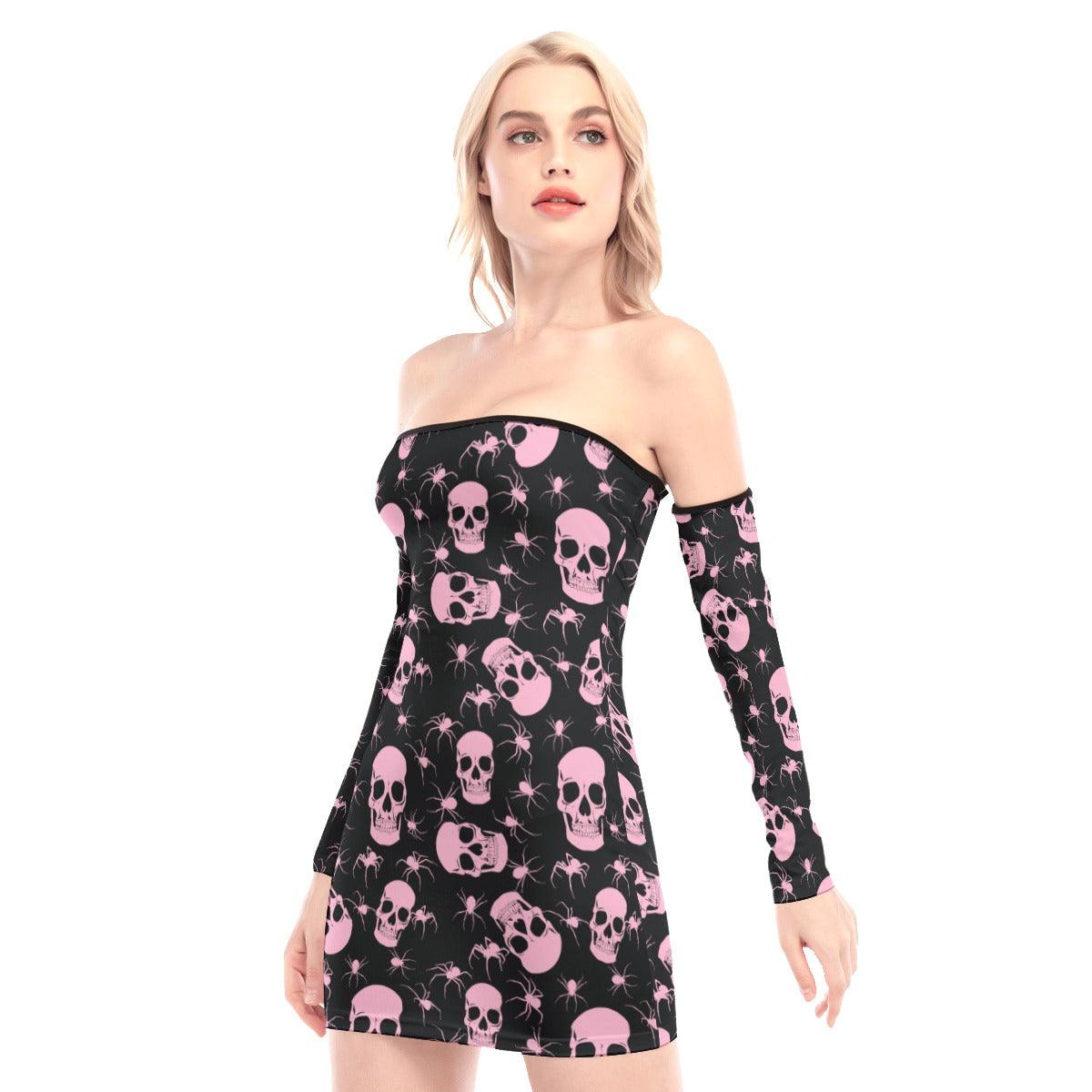 Pink Spider Skull Off-shoulder Back Lace-up Dress - Wonder Skull