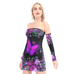 Flowers Pink Butterfly Off-shoulder Back Lace-up Dress - Wonder Skull