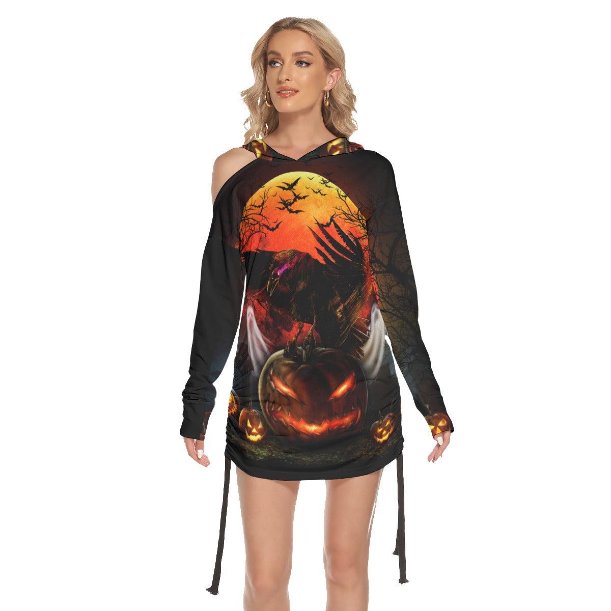 Halloween Raven Pumpkin All Over Print Women One Shoulder Dress With Waist Shirring, Long Hoodie For Women - Wonder Skull