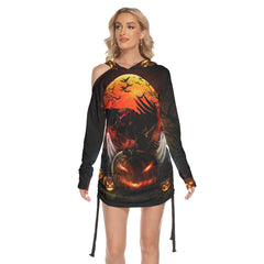 Halloween Raven Pumpkin All Over Print Women One Shoulder Dress With Waist Shirring, Long Hoodie For Women - Wonder Skull