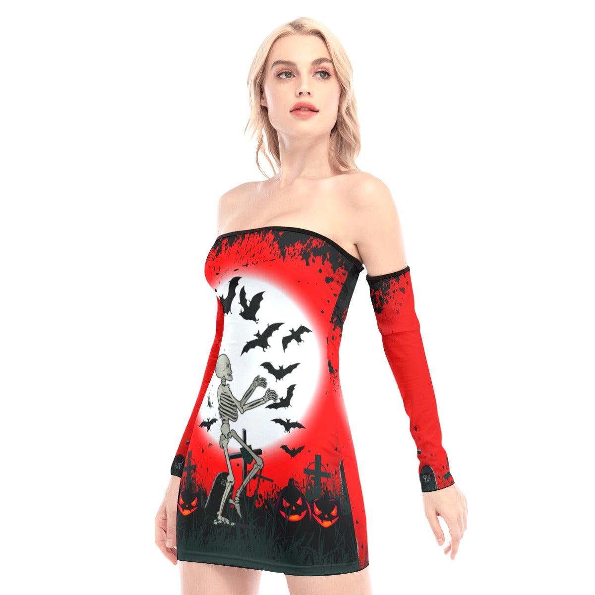 Halloween Dancing Skeleton Off-shoulder Back Lace-up Dress - Wonder Skull