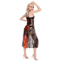 Hot Fire Skull Pattern Lace Cami Cross Back Women Dress - Wonder Skull