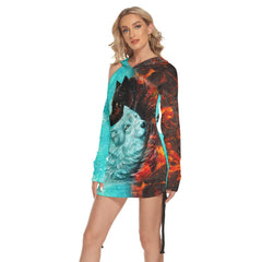 Fire Snow Wolf Fire All Over Print Women One Shoulder Dress With Waist Shirring, Long Hoodie For Women - Wonder Skull