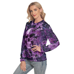 Purple Skull And Flowers Slim Round Neck Sweatshirt - Wonder Skull