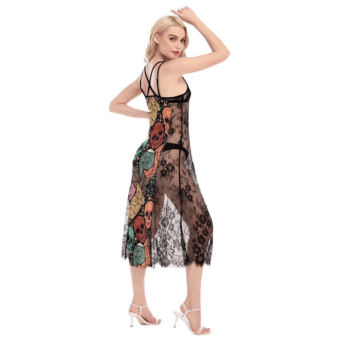 Gothic Skull Pattern Lace Cami Cross Back Women Dress - Wonder Skull