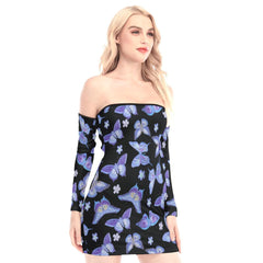 Butterfly Pattern Off-shoulder Back Lace-up Dress - Wonder Skull
