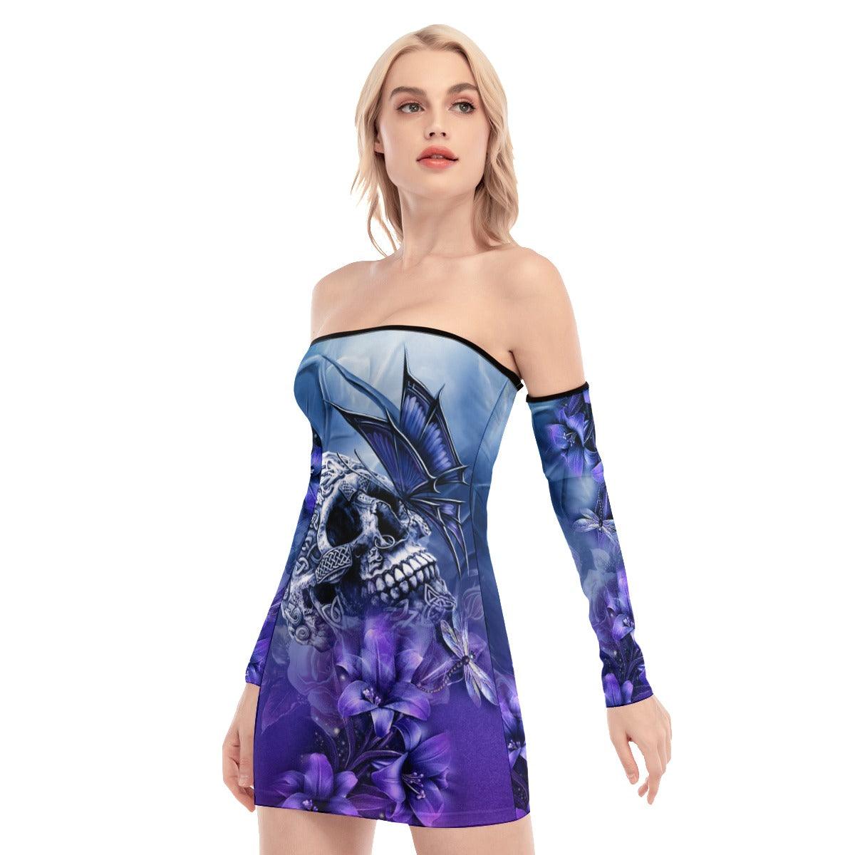Skull Sugar Butterfly Purple Off-shoulder Back Lace-up Dress - Wonder Skull