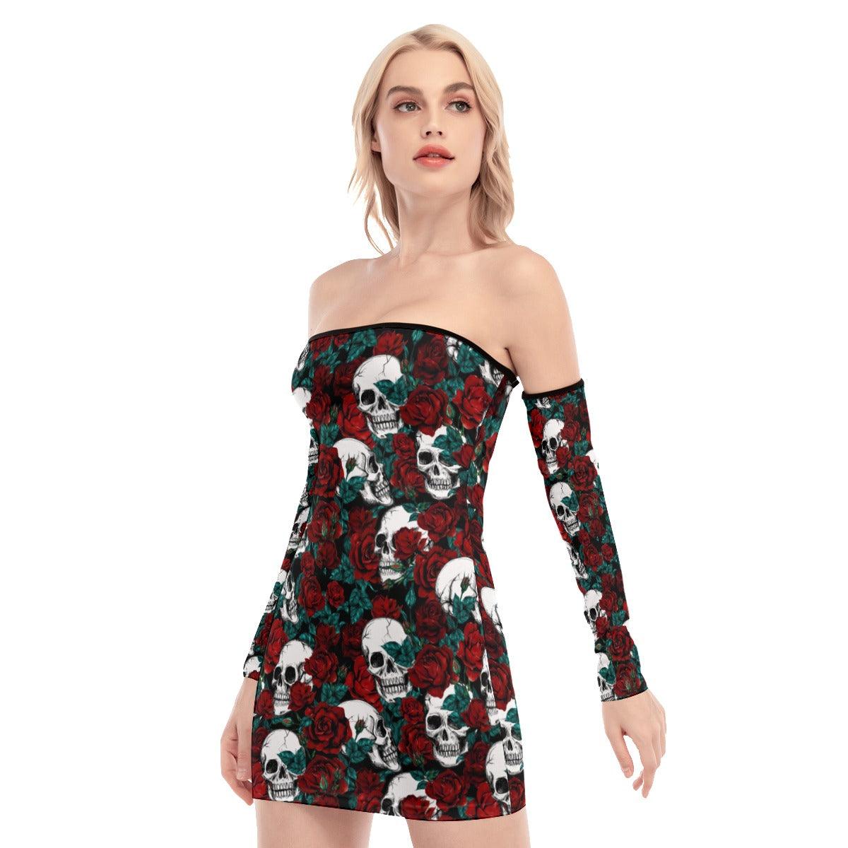 Skull Sugar Rose Pattern Off-shoulder Back Lace-up Dress - Wonder Skull