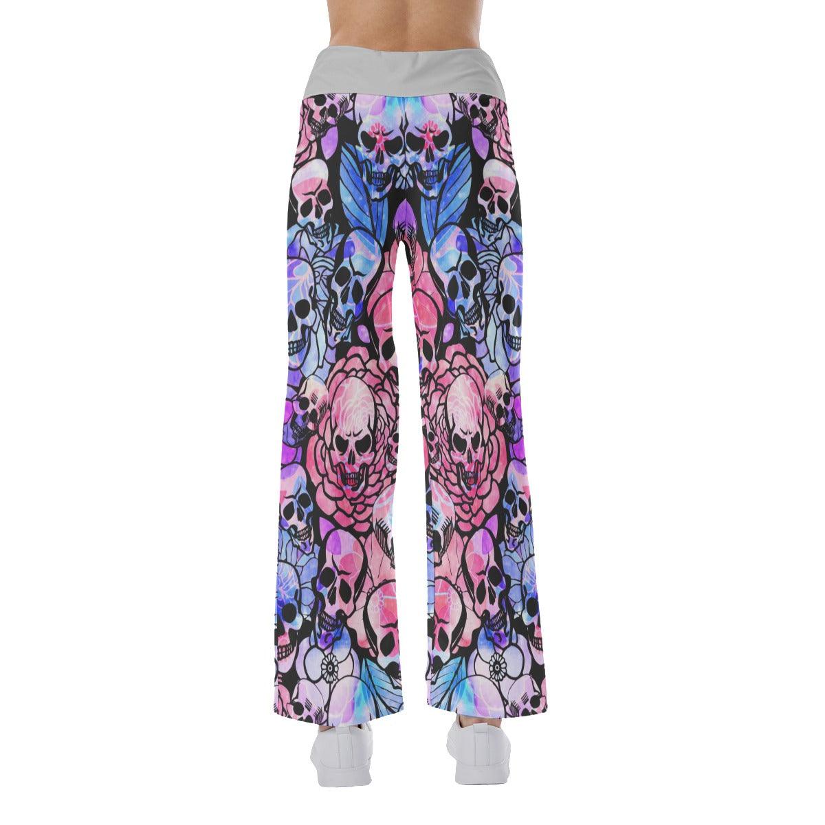 Skull Rose Pattern Pajama Pants Print Palazzo Lounge - Wonder Skull