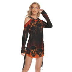 Skull Melting All Over Print Women One Shoulder Dress With Waist Shirring, Long Hoodie For Women - Wonder Skull