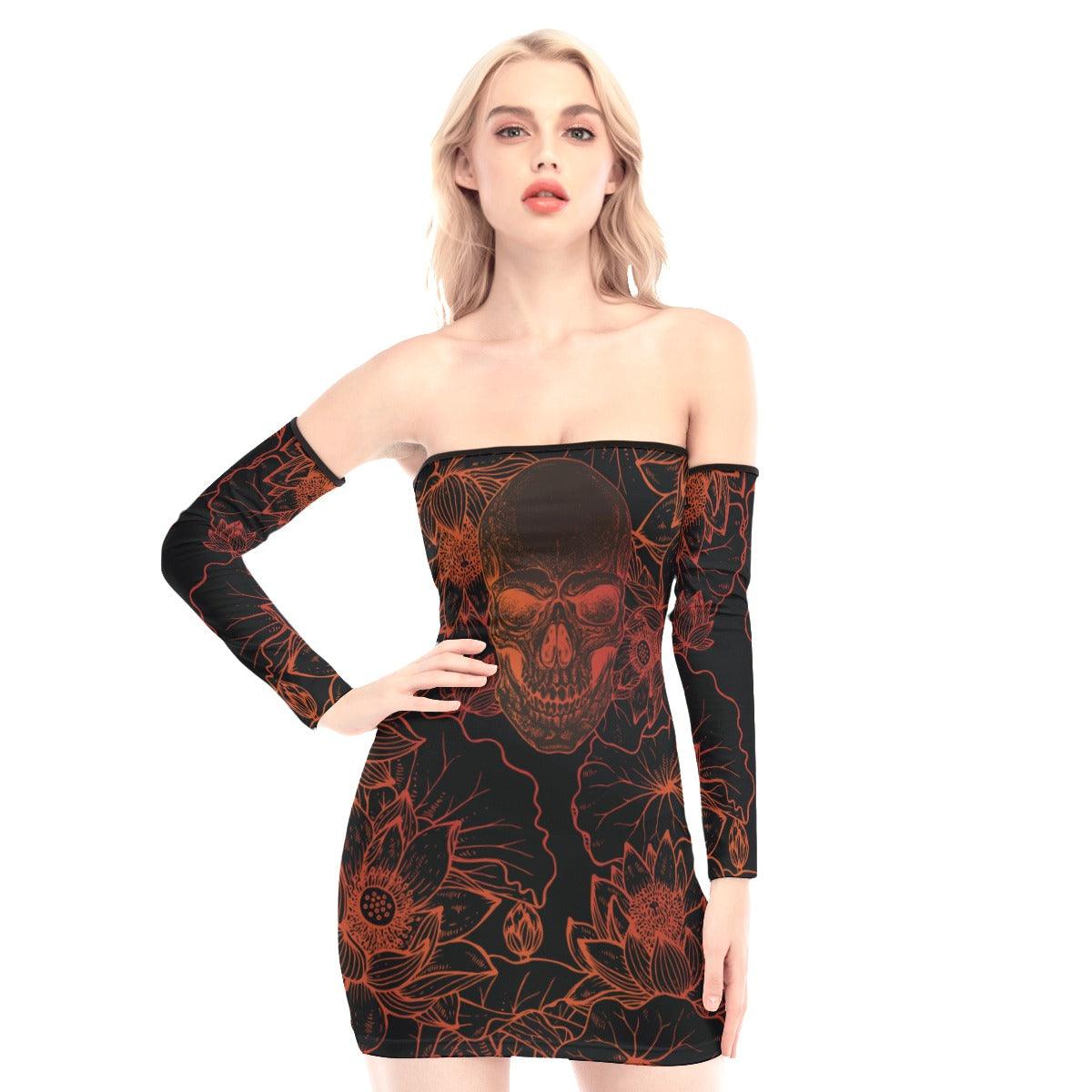 Brown Skull Lotus Off-shoulder Back Lace-up Dress - Wonder Skull