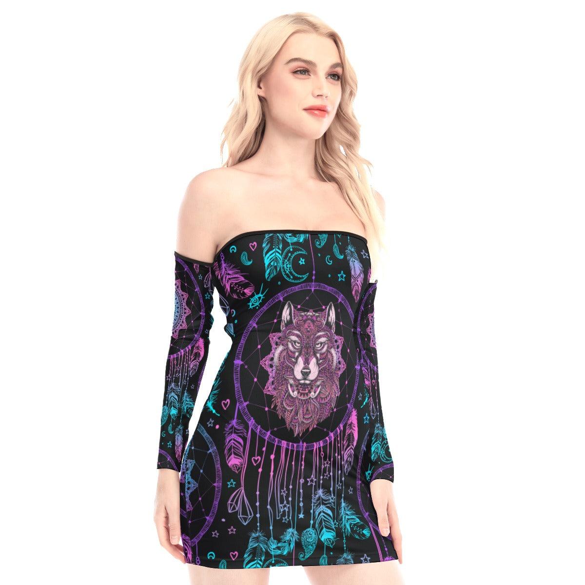 Hippie Wolf Off-shoulder Back Lace-up Dress - Wonder Skull