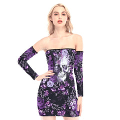 Purple Flowers Skull Off-shoulder Back Lace-up Dress - Wonder Skull
