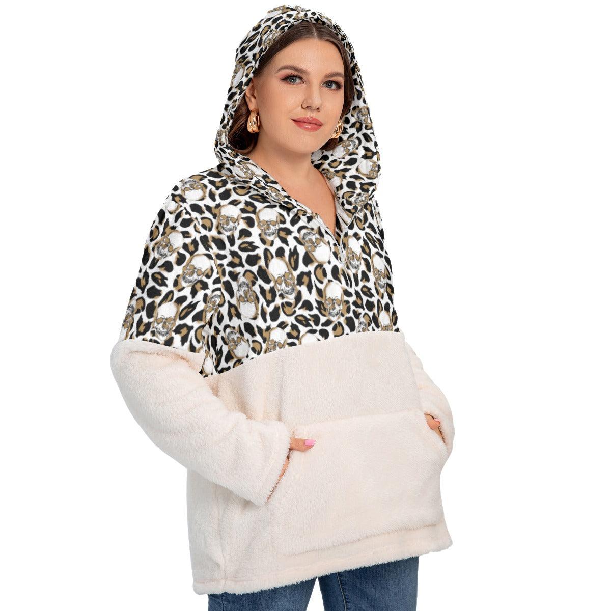 Skull Leopard Pattern Borg Fleece Hoodie With Half Zip - Wonder Skull