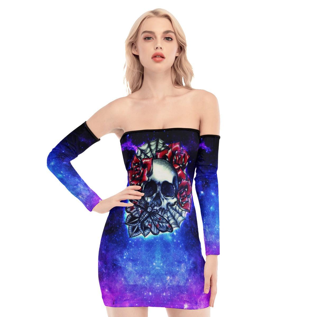 Skull Rose Galaxy Gothic Off-shoulder Back Lace-up Dress - Wonder Skull