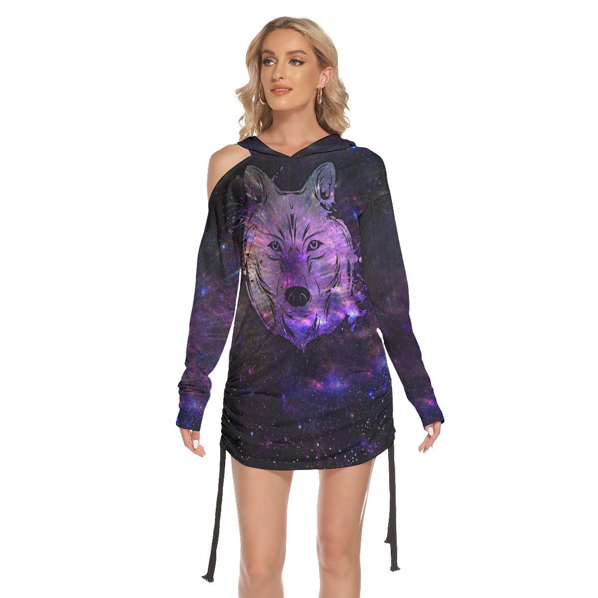 Dark Shadow Wolf All Over Print Women One Shoulder Dress With Waist Shirring, Long Hoodie For Women - Wonder Skull