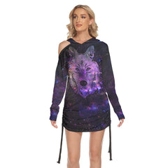 Dark Shadow Wolf All Over Print Women One Shoulder Dress With Waist Shirring, Long Hoodie For Women - Wonder Skull