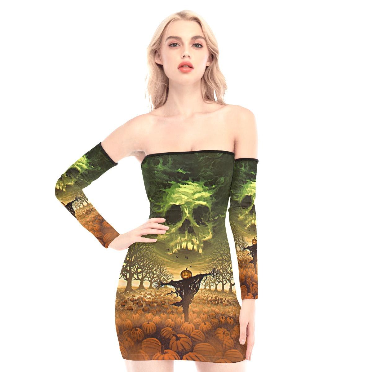 Halloween Skull Pumpkin Off-shoulder Back Lace-up Dress - Wonder Skull