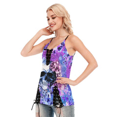 Skull Flower Pattern Gothic Eyelet Lace-up Letter Dress - Wonder Skull