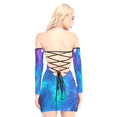 Blue Galaxy Wolf Off-shoulder Back Lace-up Dress - Wonder Skull