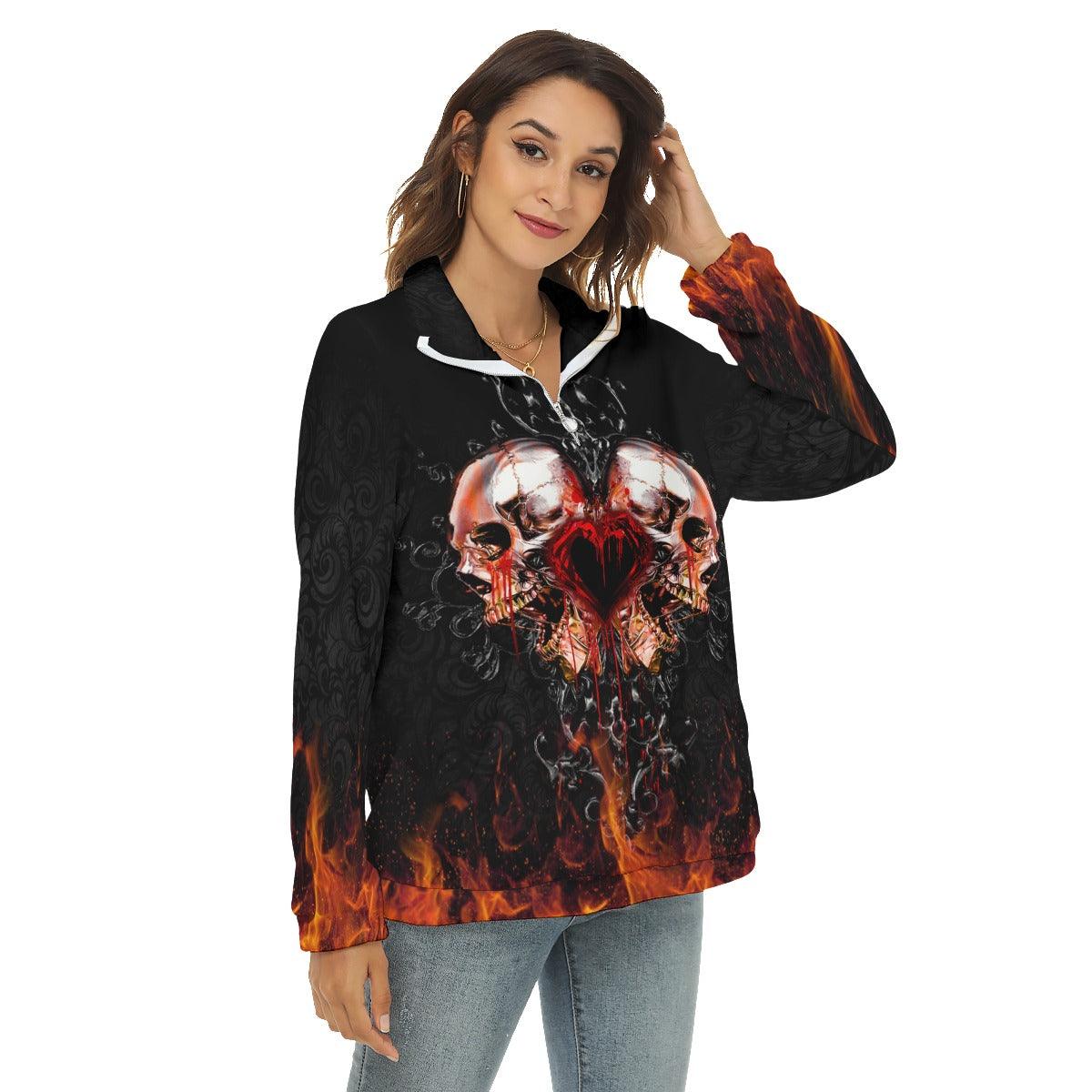 Fire Heart Skull Borg Fleece Sweatshirt With Half Zip - Wonder Skull