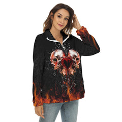 Fire Heart Skull Borg Fleece Sweatshirt With Half Zip - Wonder Skull