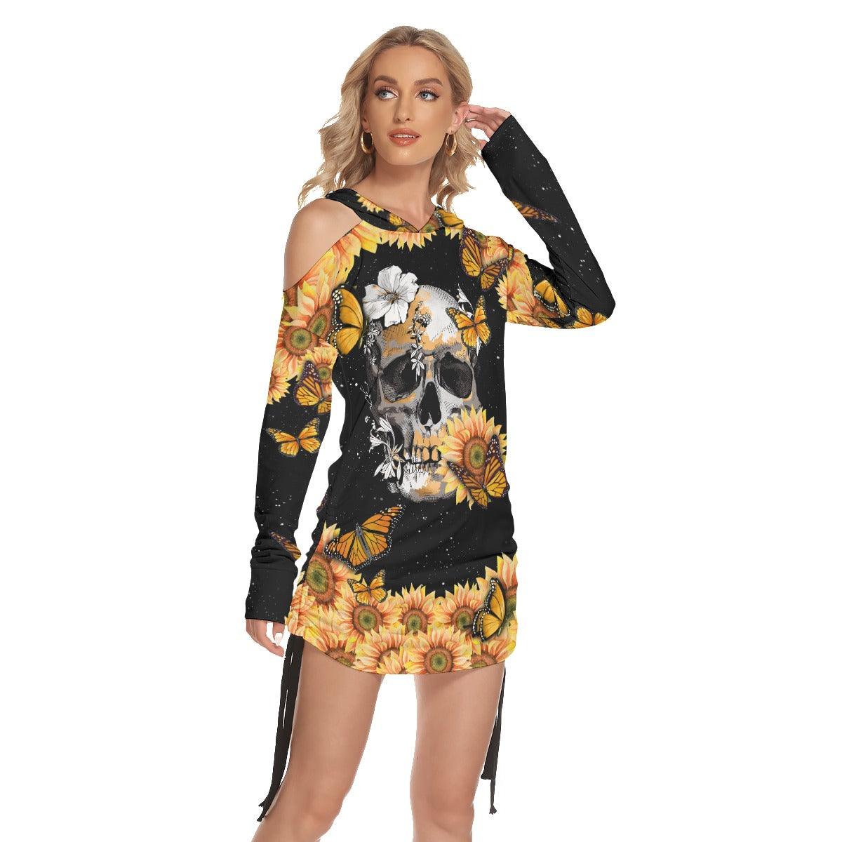 Butterfly Sunflower Skull Print Open Shoulder Dress - Wonder Skull