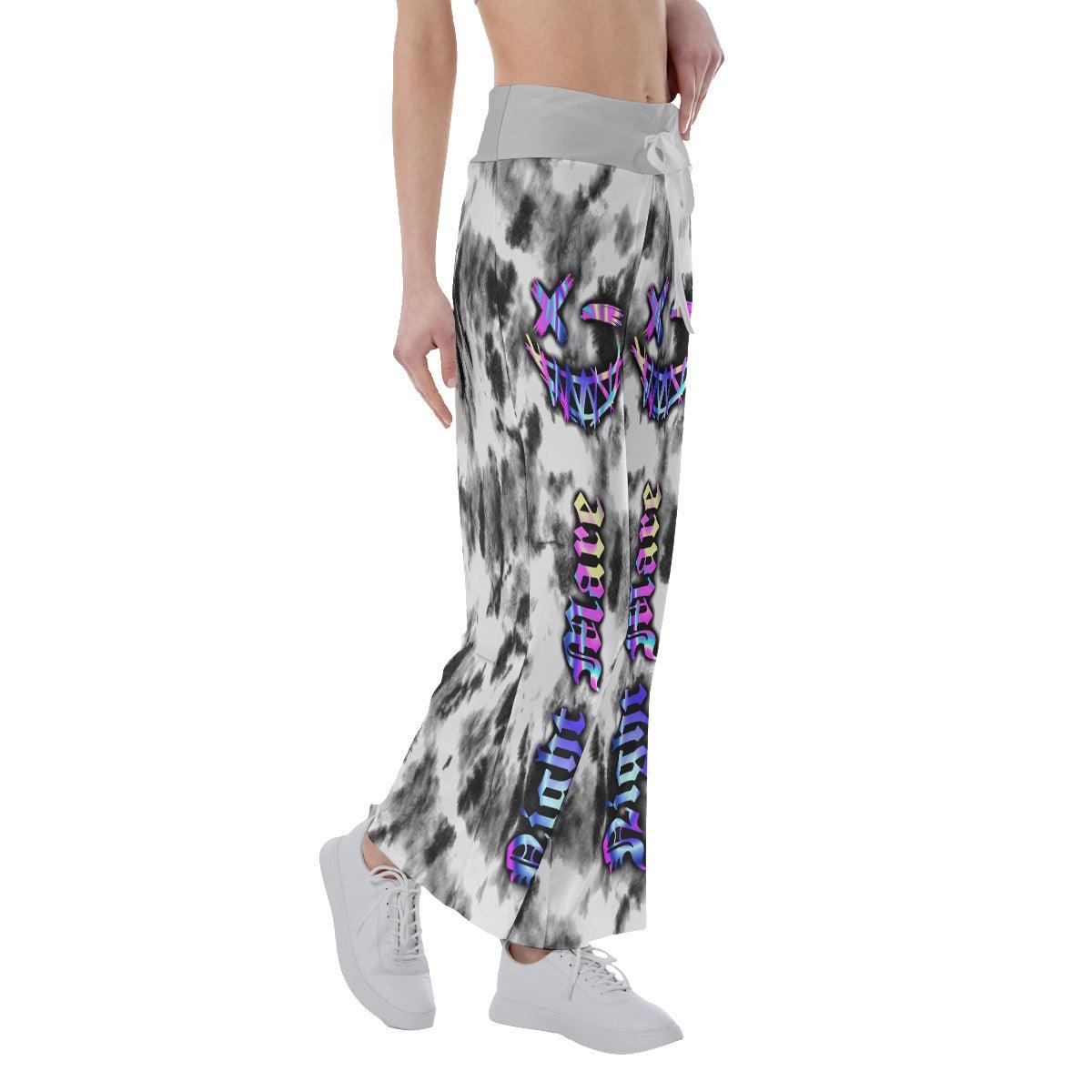 Face Smile Tiedye Gray White High-waisted Wide Leg Pants - Wonder Skull