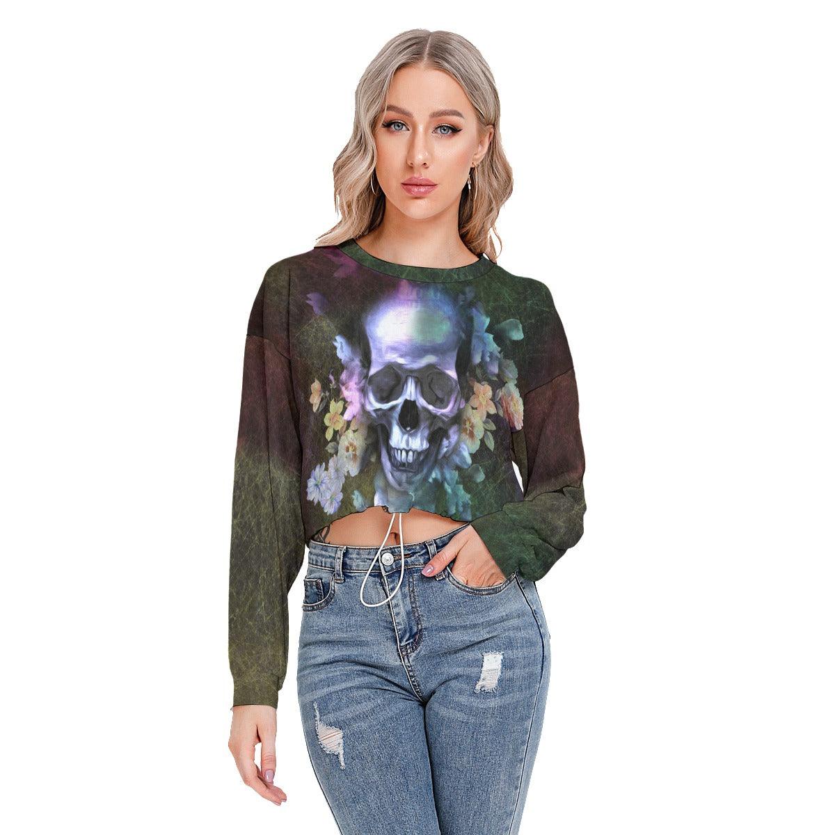 Skull Flower Long Sleeve Sweatshirt With Hem Drawstring - Wonder Skull