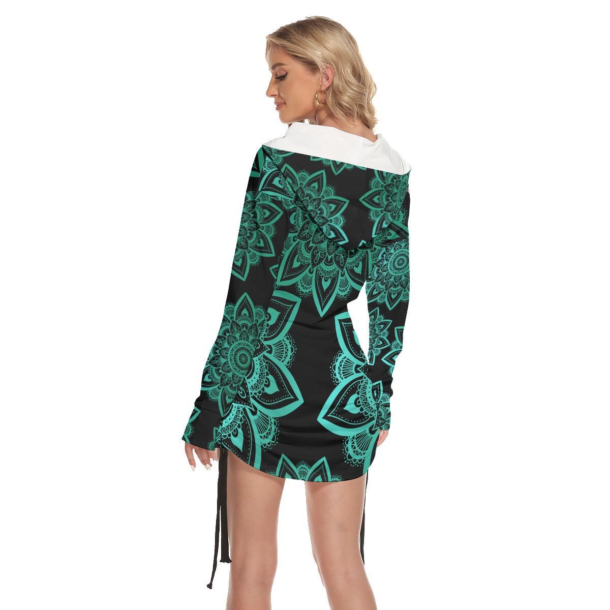 Lotus Mandala Cyan Skull Print Open Shoulder Dress - Wonder Skull