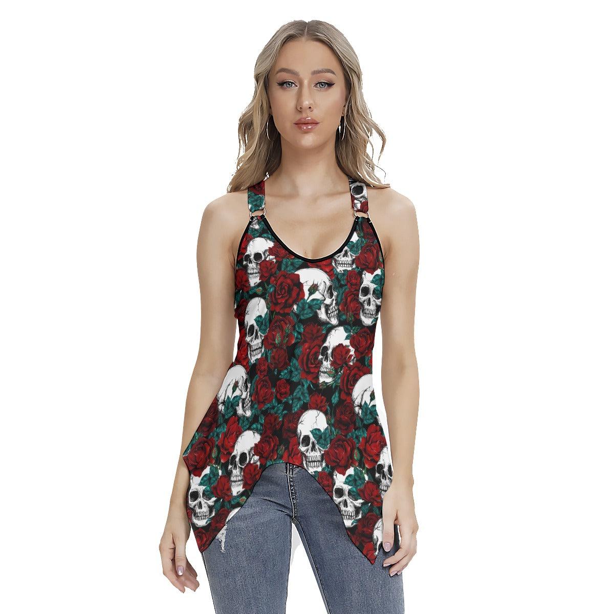 Rose Skull Pattern Women's Racing Tank Top With Irregular - Wonder Skull