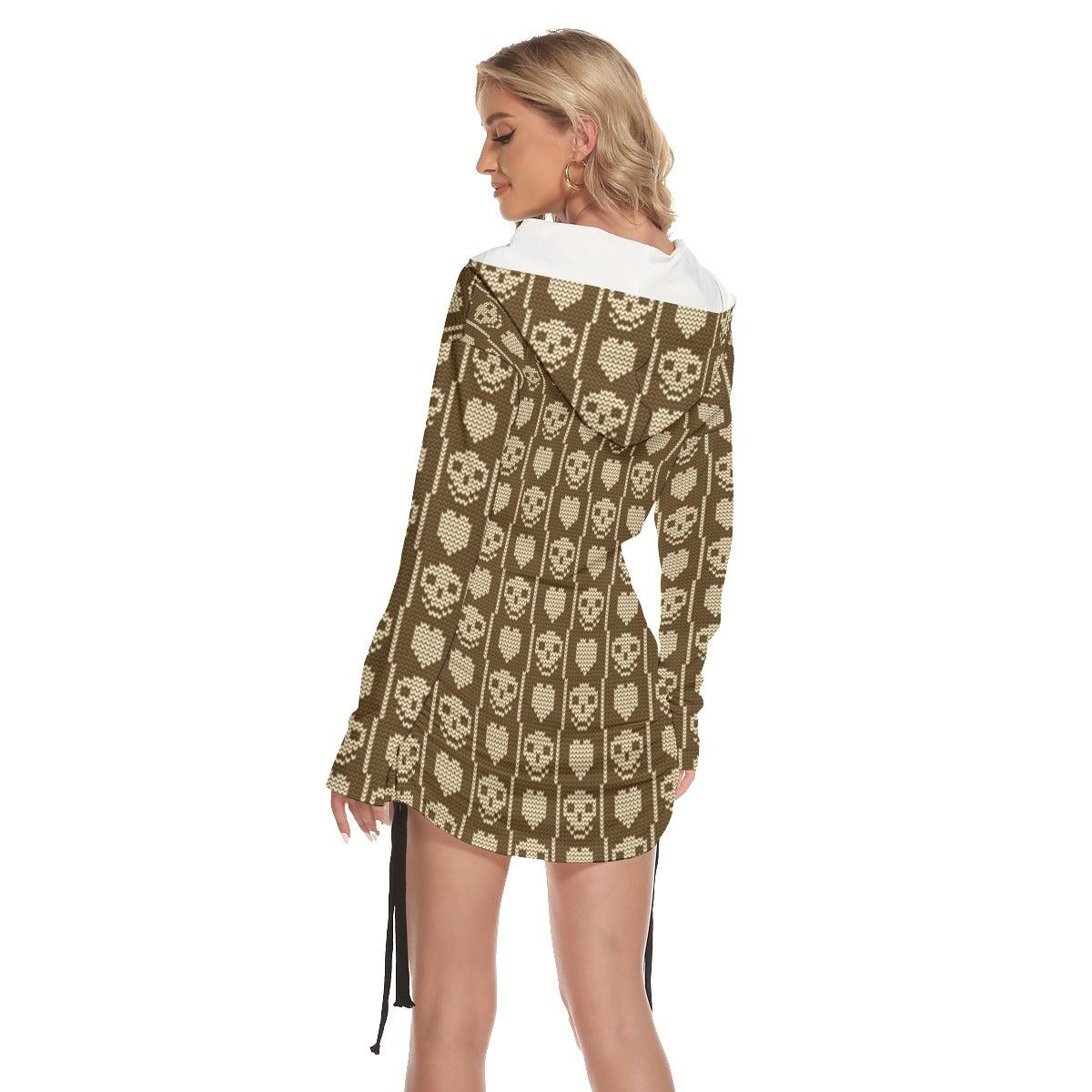 Christmas Brown Skull Heart Print Open Shoulder Dress - Wonder Skull