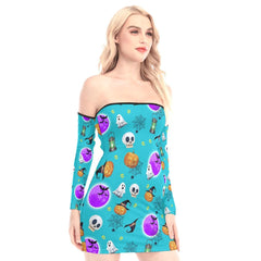 Cyan Halloween Pattern Off-shoulder Back Lace-up Dress - Wonder Skull