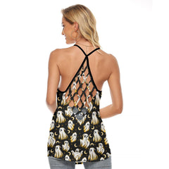 Halloween Boo Criss-Cross Open Back Tank Top, Hot T-Shirt For Women - Wonder Skull