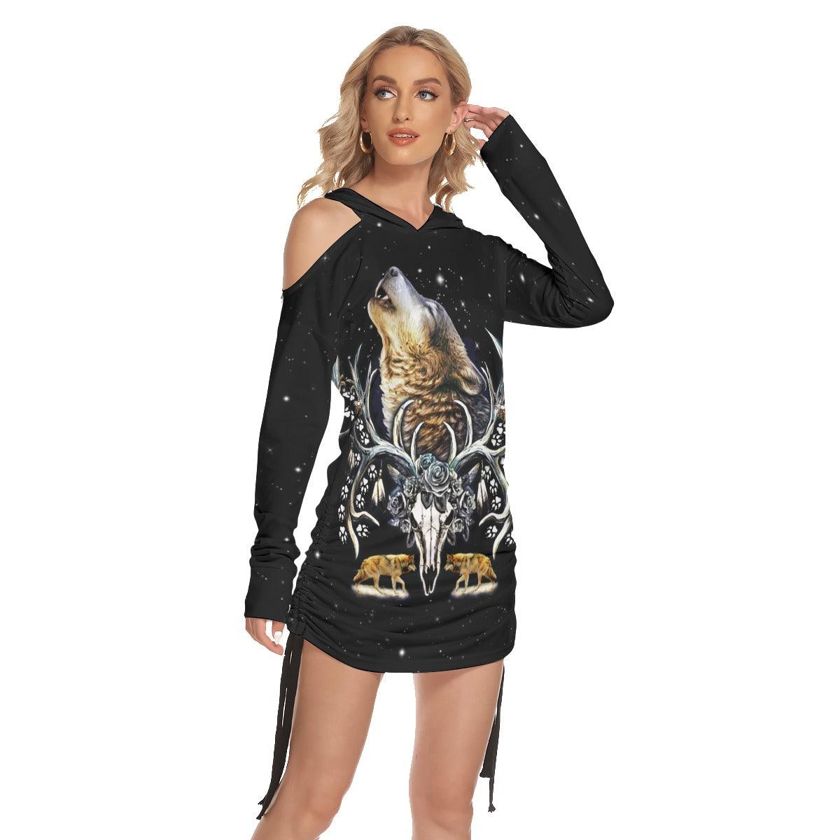 Wolf Skull All Over Print Women One Shoulder Dress With Waist Shirring, Long Hoodie For Women - Wonder Skull