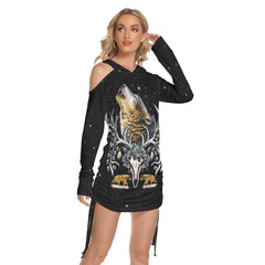 Wolf Skull All Over Print Women One Shoulder Dress With Waist Shirring, Long Hoodie For Women - Wonder Skull