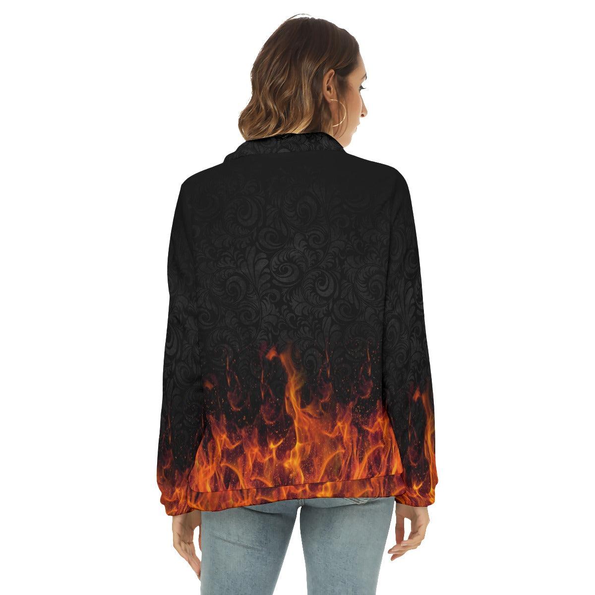 Fire Heart Skull Borg Fleece Sweatshirt With Half Zip - Wonder Skull
