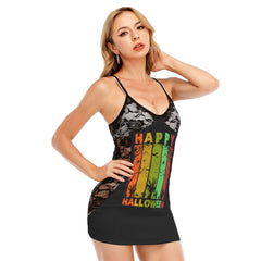 Happy Halloween All-Over Print Women Black Lace Cami Dress, Hot Nightwear For Women - Wonder Skull
