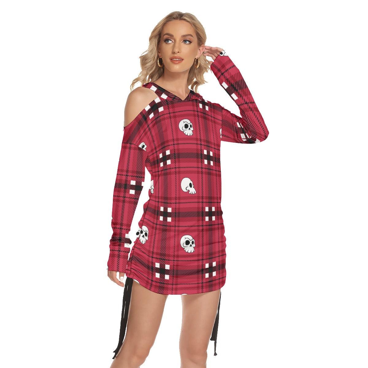Christmas Red Black Skull Plaid Print Open Shoulder Dress - Wonder Skull