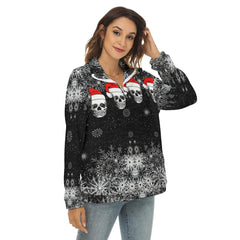 Black Christmas Skull Borg Fleece Sweatshirt With Half Zip - Wonder Skull