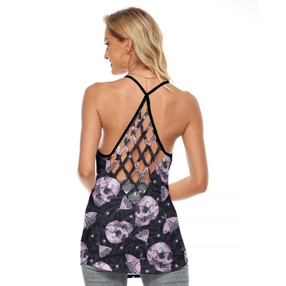 Pink Dark Skull Butterflt Gothic Rose Criss-Cross Open Back Tank Top, Trending T-Shirt For Women - Wonder Skull