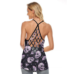 Pink Dark Skull Butterflt Gothic Rose Criss-Cross Open Back Tank Top, Trending T-Shirt For Women - Wonder Skull